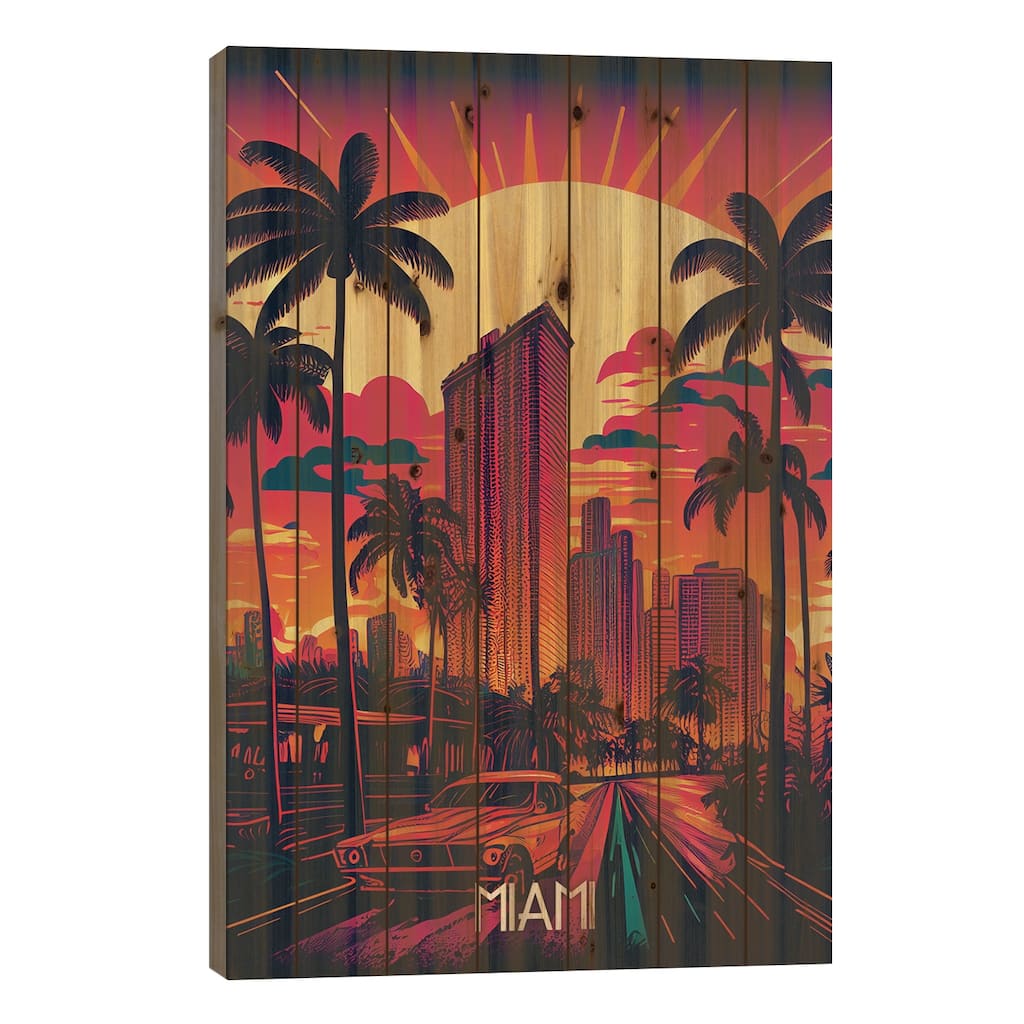 Miami City Print On Wood by Durro Art - Multi-Color