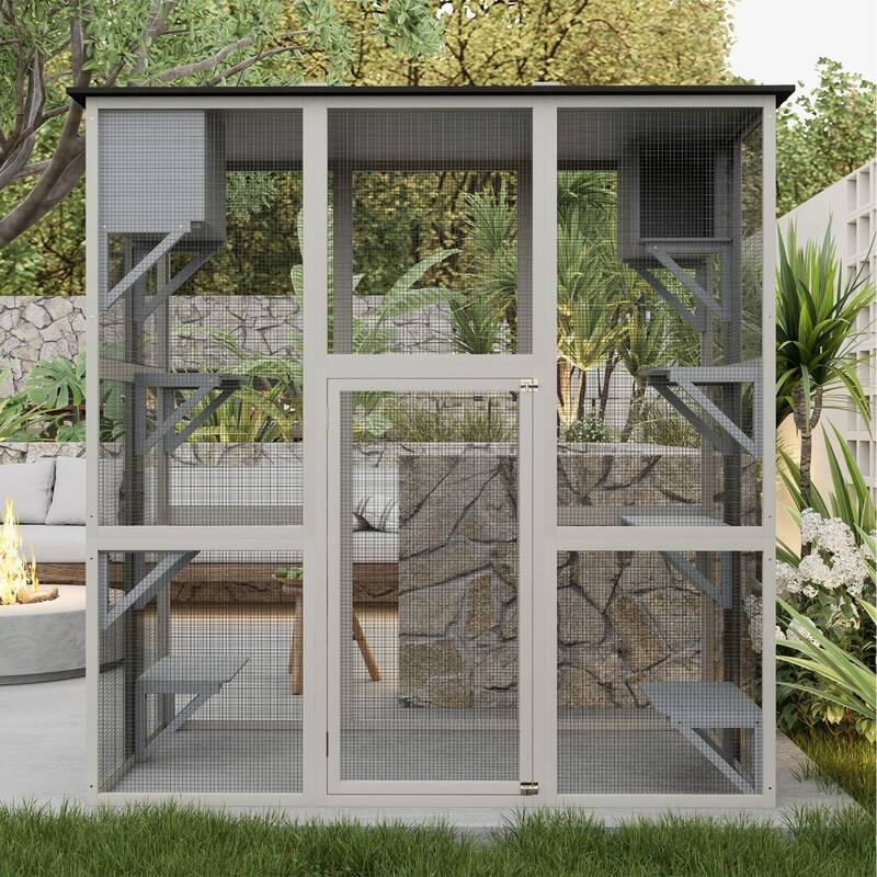 70.9" Gray Wooden Outdoor Cat House with Roof, 6 Platforms & 2 Boxes