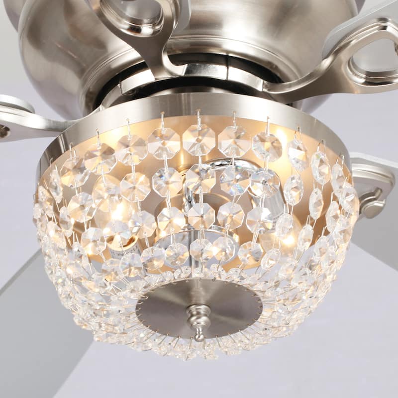 48" Satin Nickel Crystal Low Profile Ceiling Fan with Light and Remote Control