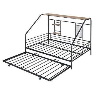 Full Size Metal House Bed with Trundle, Built-in Shelf and Grid, Black