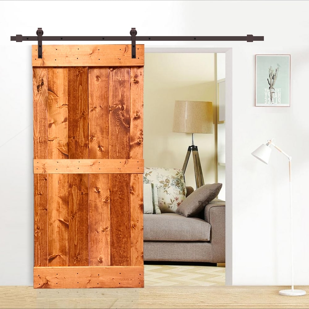 36 in x 84 in Red Walnut Stained Mid-bar Barn Door w/ Sliding Hardware