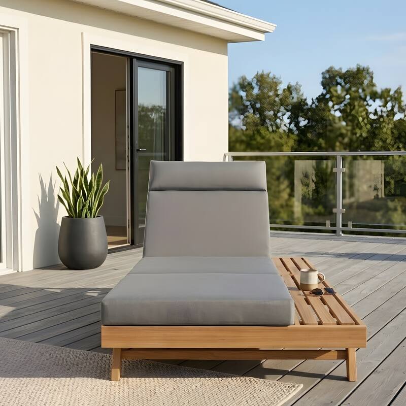 Outdoor Patio Lounge Chair, Adjustable Recliner with Headrest and Retractable Side Tray - Dark Gray Light Brown