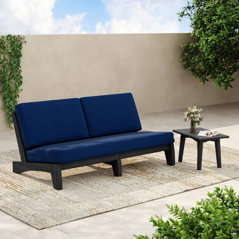 3-Seat Outdoor Sofa Set with Solid Wood Coffee Table, Weather-Resistant Cushions - Blue/Side Table - Black Wood