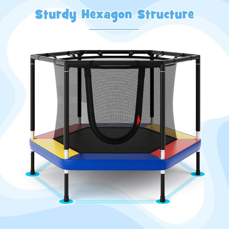 Multi Color Steel Hexagonal Kids Trampoline with Safety Net and Handrails