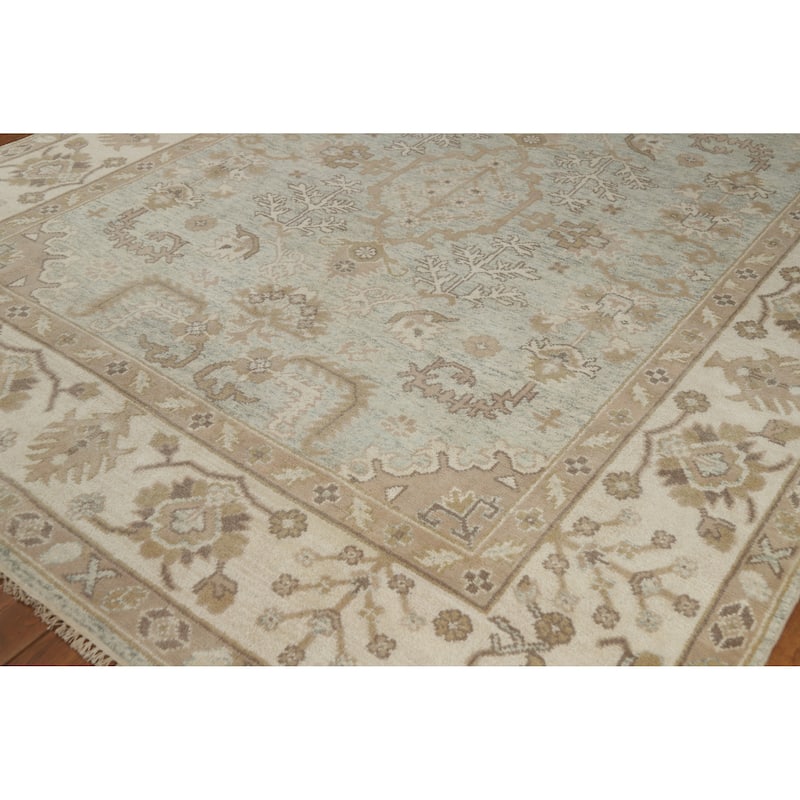 Aqua Light Blue Oushak Indian Area Rug Hand-Knotted Wool Carpet - 8'0" x 9'11"