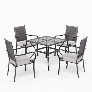 5-piece Patio Dining Set, 4 Rattan Chairs with Cushion and 1 Metal Table with Umbrella Hole
