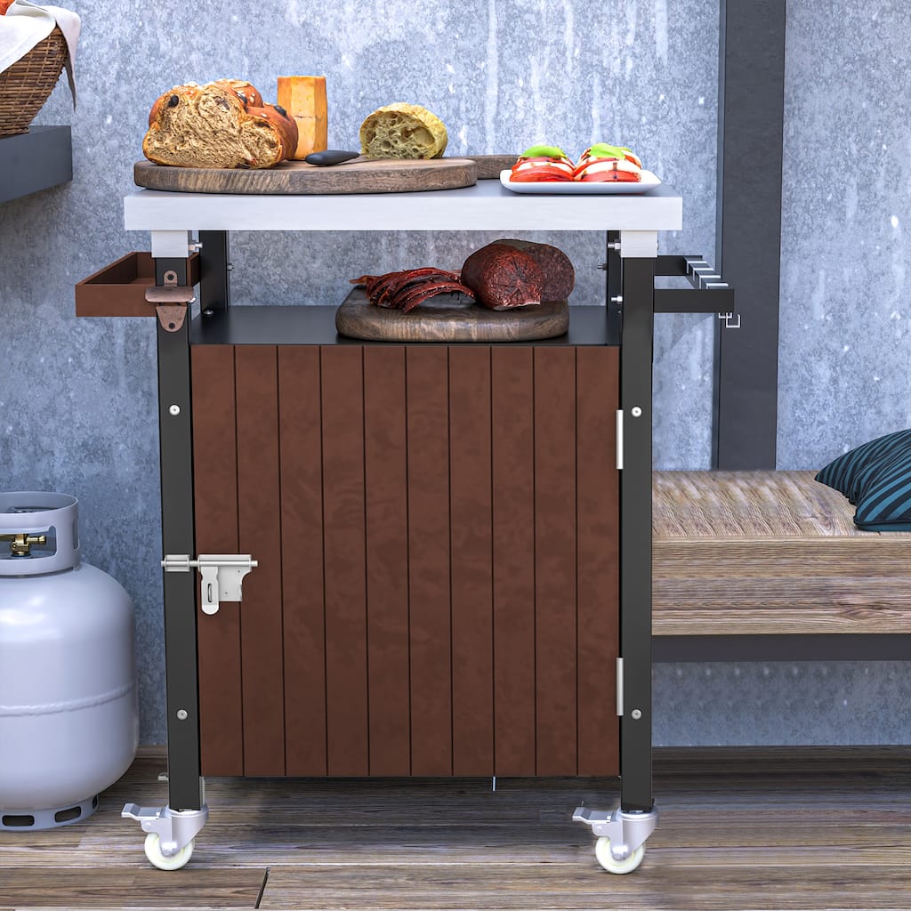 Anmytek Stainless Steel Mobile Kitchen Cart with Enclosed Cabinet Outdoor Prep Station for Picnic and BBQ
