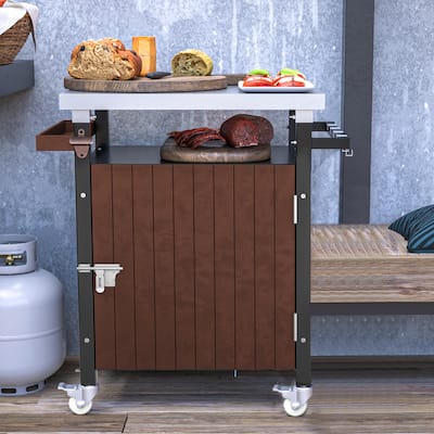 Outdoor Grill cart with Stainless Steel Tabletop, Storage, Patio Kitchen Island with Wheels, Hooks, and Spice Rack