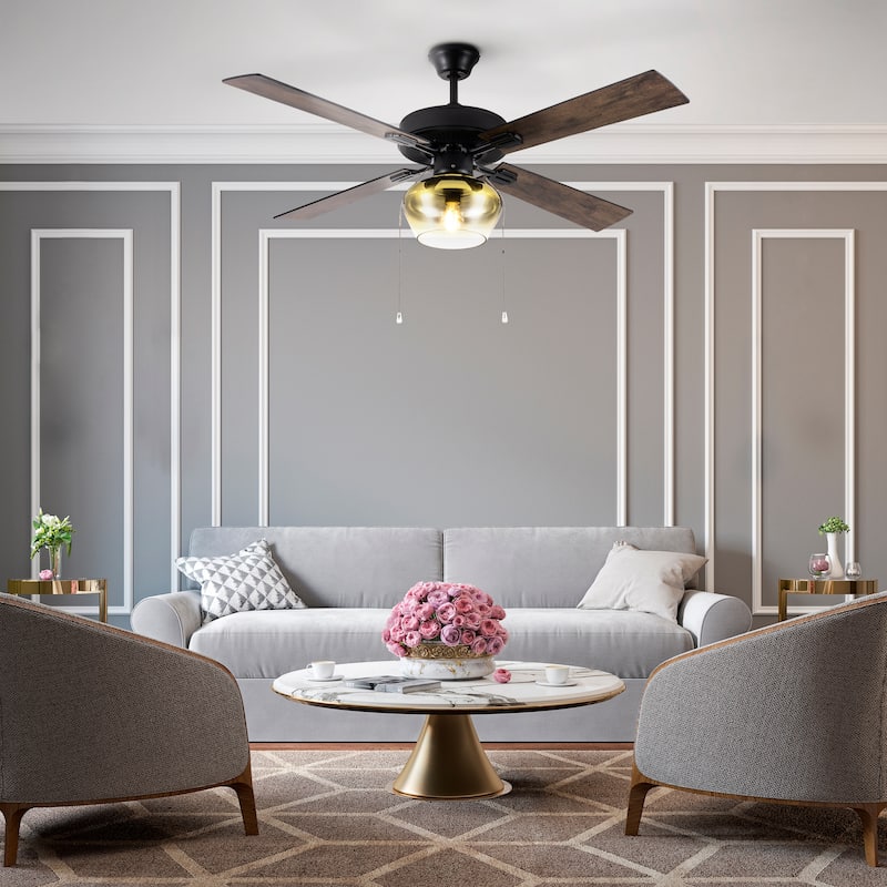Suzane River of Goods Black Satin with Obre Glass Shade 52-Inch Ceiling Fan with Light - 52" x 52" x 14.25/19.25"