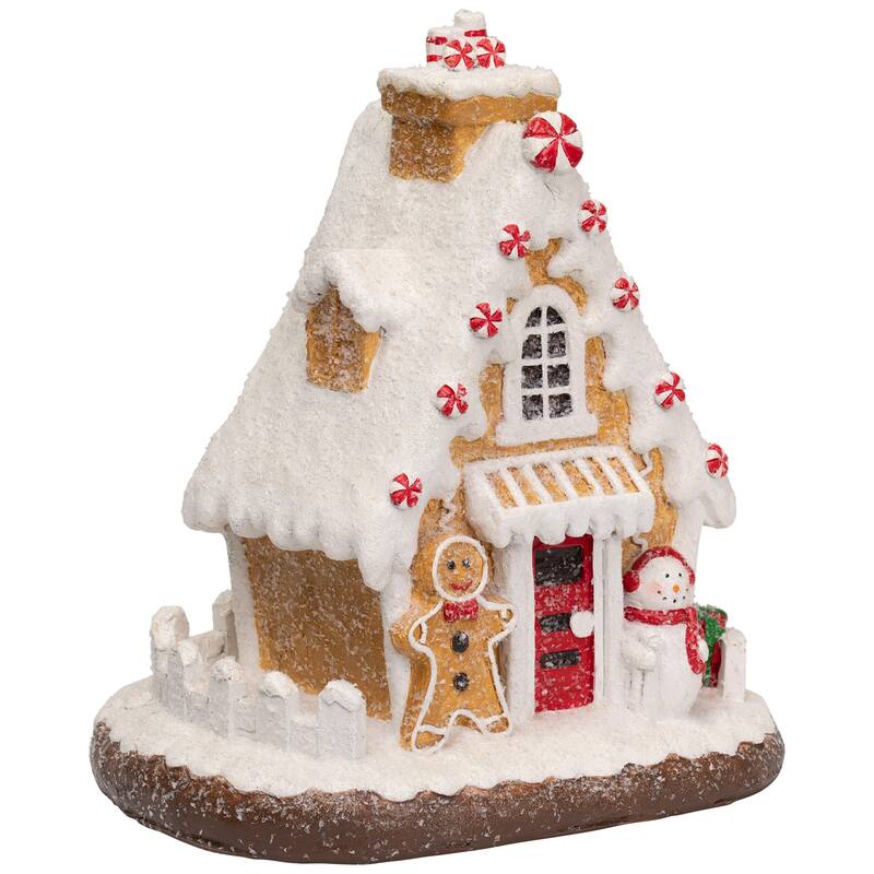 Snowy Gingerbread Peppermint House with Snowman Christmas Decoration - 11"