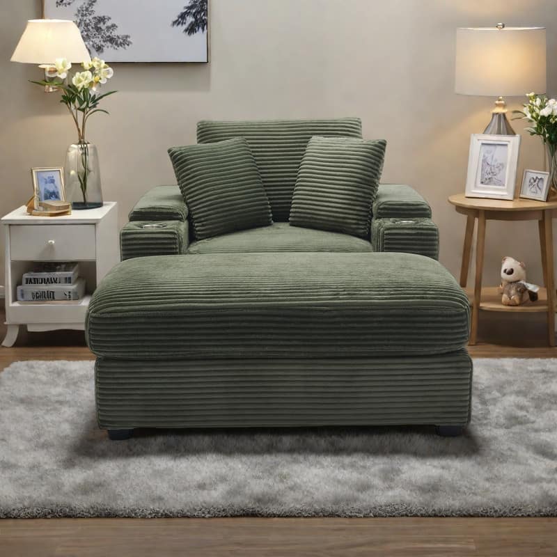 Corduroy Sofa Sets with Ottoman, Handrail Storage and Cup Holders