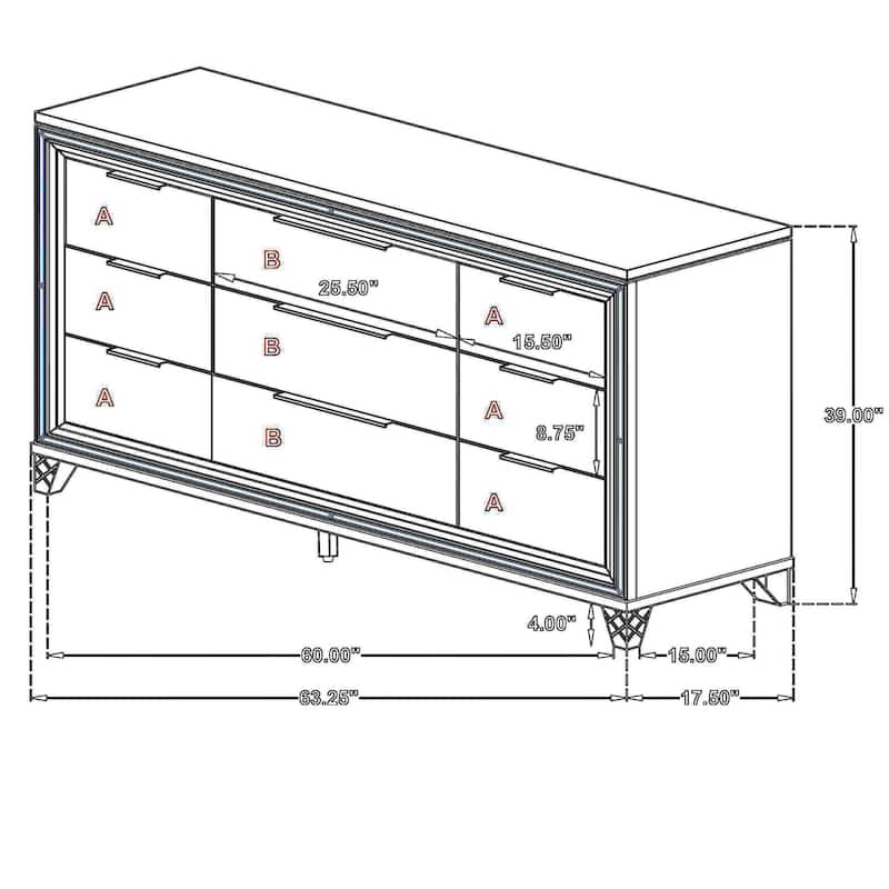 Mory Wide Dresser, 9 Drawers, Embossed Herringbone Pattern, White