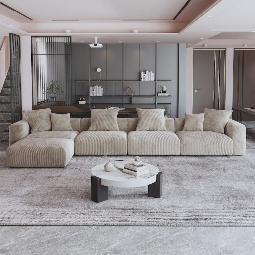 L Shaped Corduroy Upholstered Deep Seat Comfy Sectional Sofa with Solid Wood Legs for Living Room