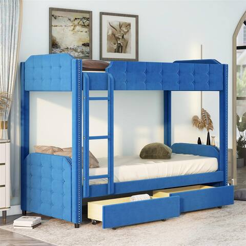 Twin over Twin Upholstered Bunk Bed Two Drawer Button-Tufted Blue