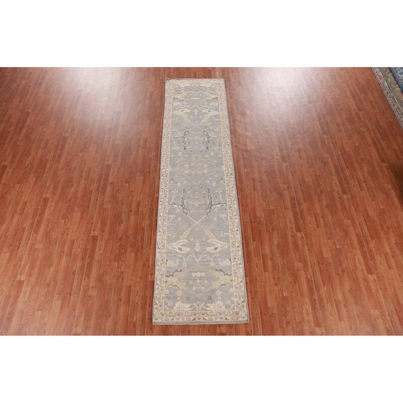 Hand Knotted Oriental 100% Wool Carpet Transitional All-Over Greys & Charcoal Oushak Runner Rug - 12' 1'' X 3' 0''
