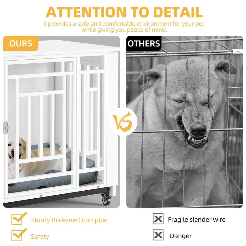 Dog Crate 32"/36" Furniture Wooden Side End Table with Wheels And Tray