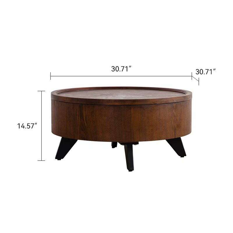 Roomfitters Round Coffee Table with Hidden Storage, Solid Wood Veneer Drum Center Table with Removable Top, Natural Wood