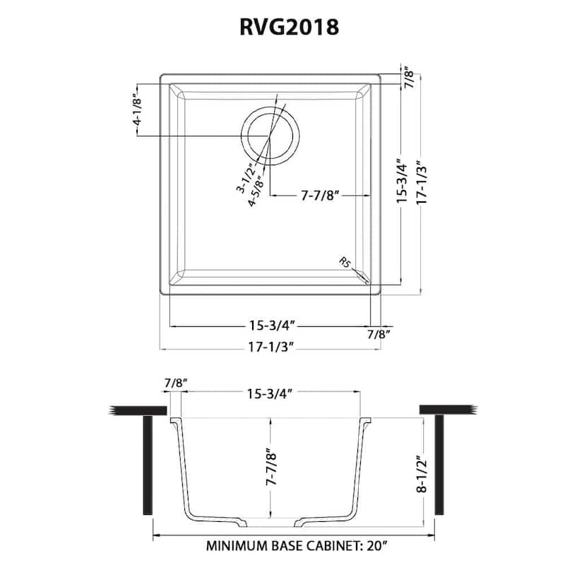 Ruvati 17 x 17 inch Granite Composite Undermount Bar Prep Sink - Midnight Black - RVG2018BK