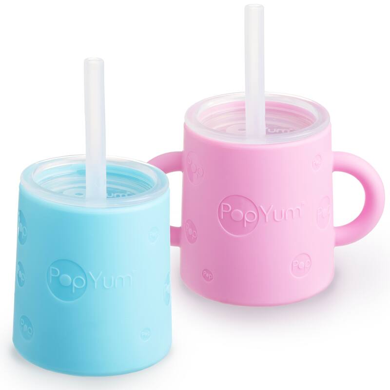 PopYum Silicone Training Cup with Straw and Lid, 2-Pack - Pink/Blue