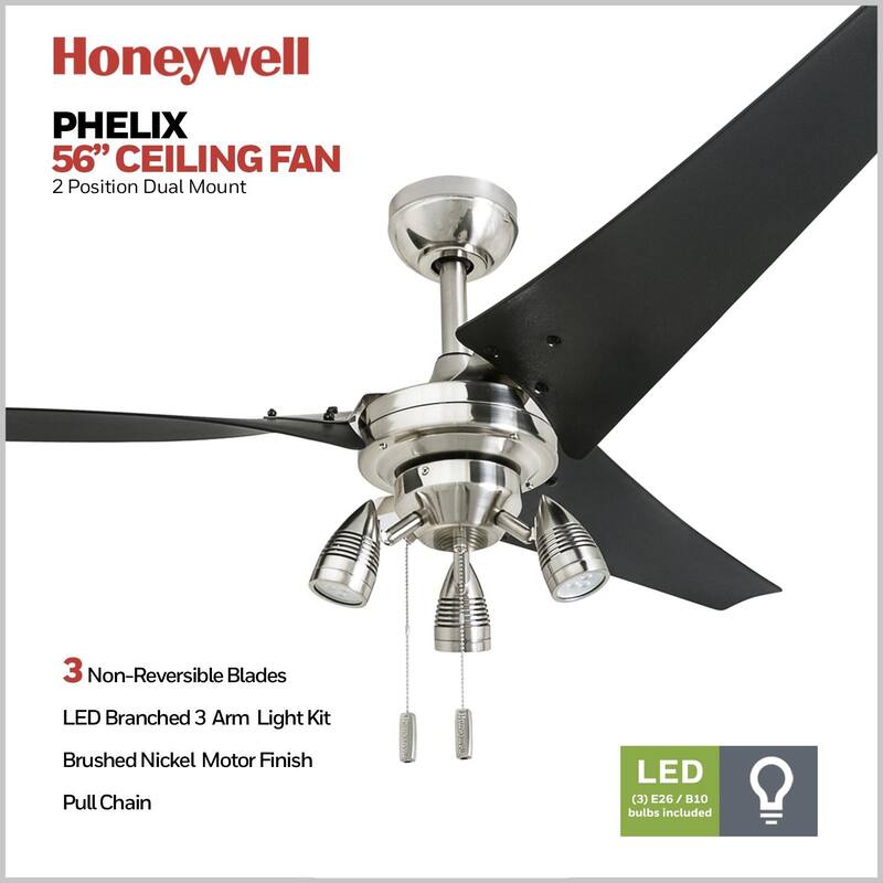 56" Honeywell Phelix Brushed Nickel Contemporary Indoor LED Ceiling Fan with Light, Pull Chain