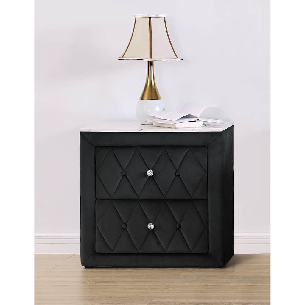 1pc Faux Marble Top Nightstand 2- Drawers Storage Button Tufted Faux Crystal Tufted
