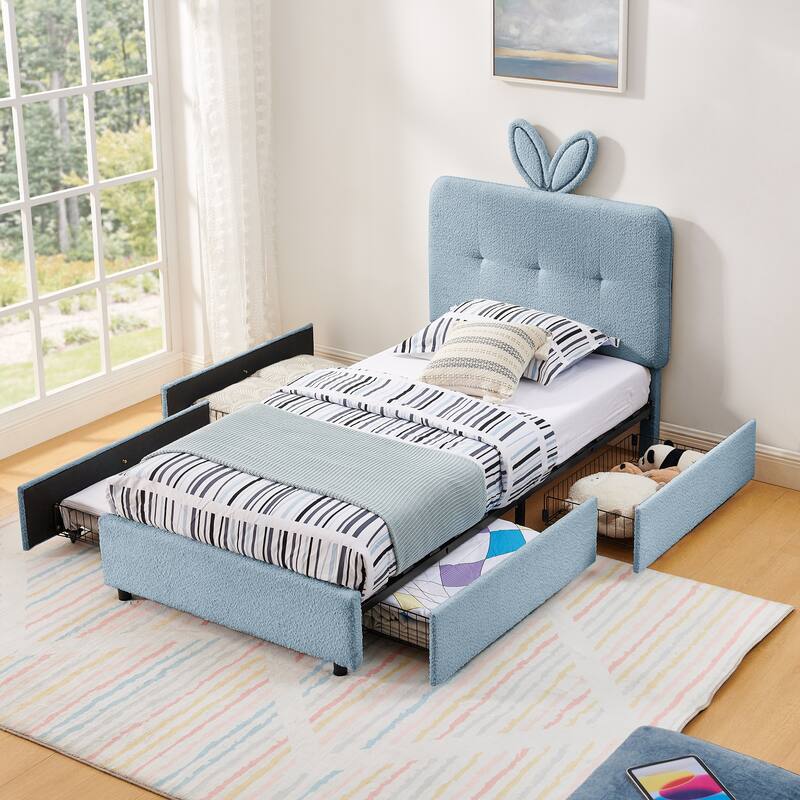 Kids Boucle Upholstered Bed with Rabbit Ear Headboard, LED Music Sync & 4 Drawers