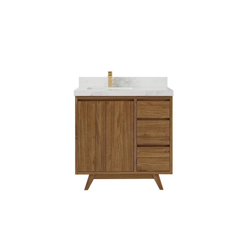 Willow Collections 36 in. W x 22 in. D Madison Teak Left Offset Sink Bathroom Vanity with Countertop - 2"Calacatta Nuvo - Gold Teak