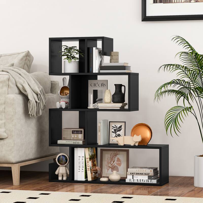 Modern Freestanding S-Shaped Geometric Bookshelf with Vertical Storage for Books and Decor - 31.5" x 8.5" x 39.5" (L x W x H)