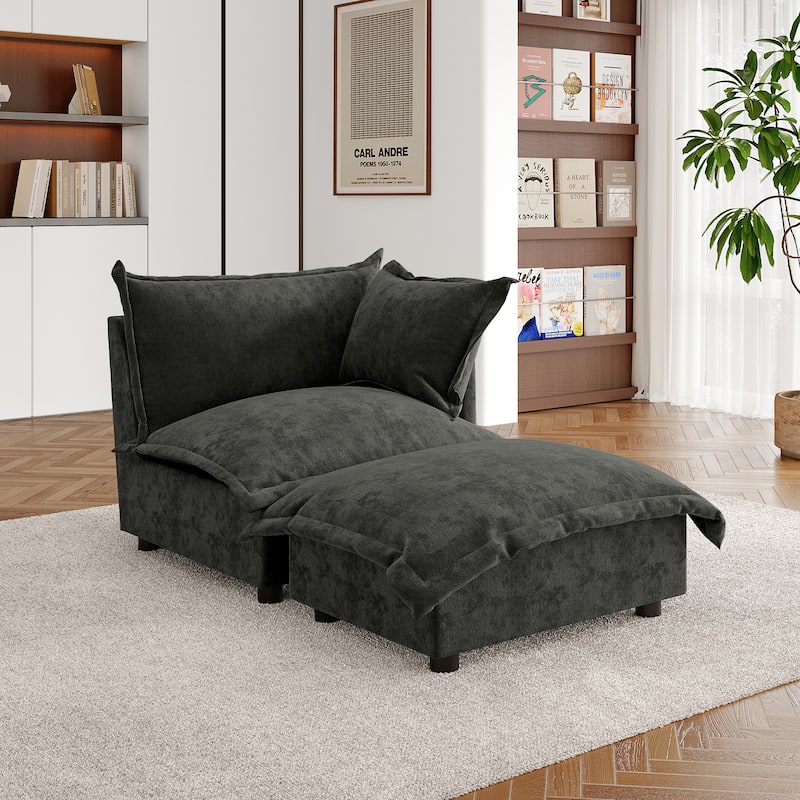 Double Layer Cushion Comfy Cloud Modular Sectional Sofa Set - Corner Sofa+Ottoman-Dark Grey - Right Facing