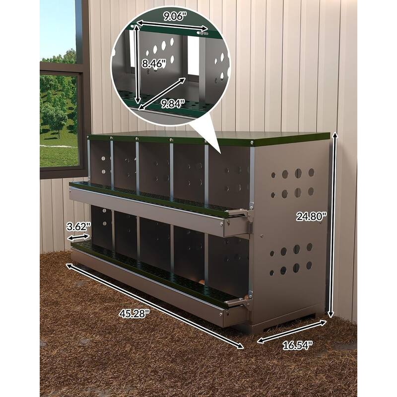 10-Compartment Metal Chicken Nesting Box, Waterproof Egg Laying Box