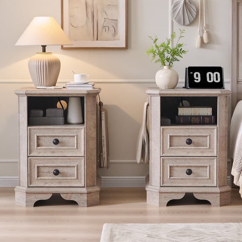Farmhouse Nightstand Set of 2 with Charging Station, Beside Table - Grey