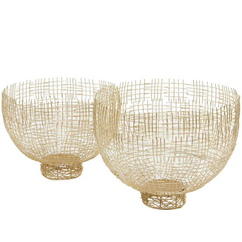 Gold Metal Decorative Bowl Decorative Bowl with Cross Hatching Patterns (Set of 2)