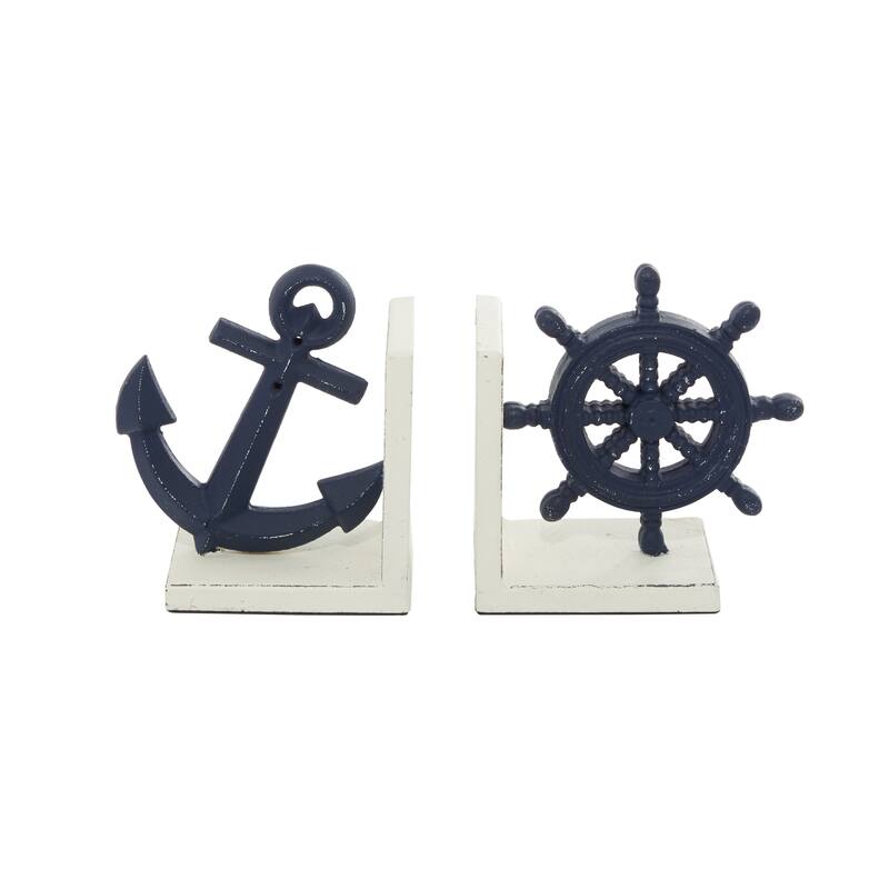 Blue Metal Anchor and Ship Wheel Decorative Bookends (Set of 2)