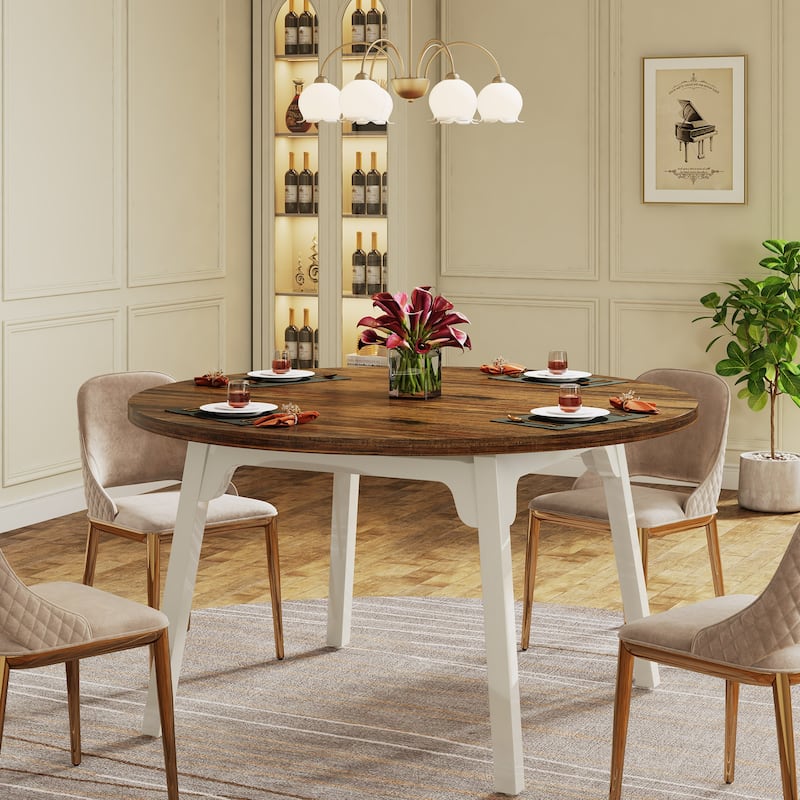 47 Inch Round Dining Table for 4, Farmhouse Kitchen Table - Brown and White