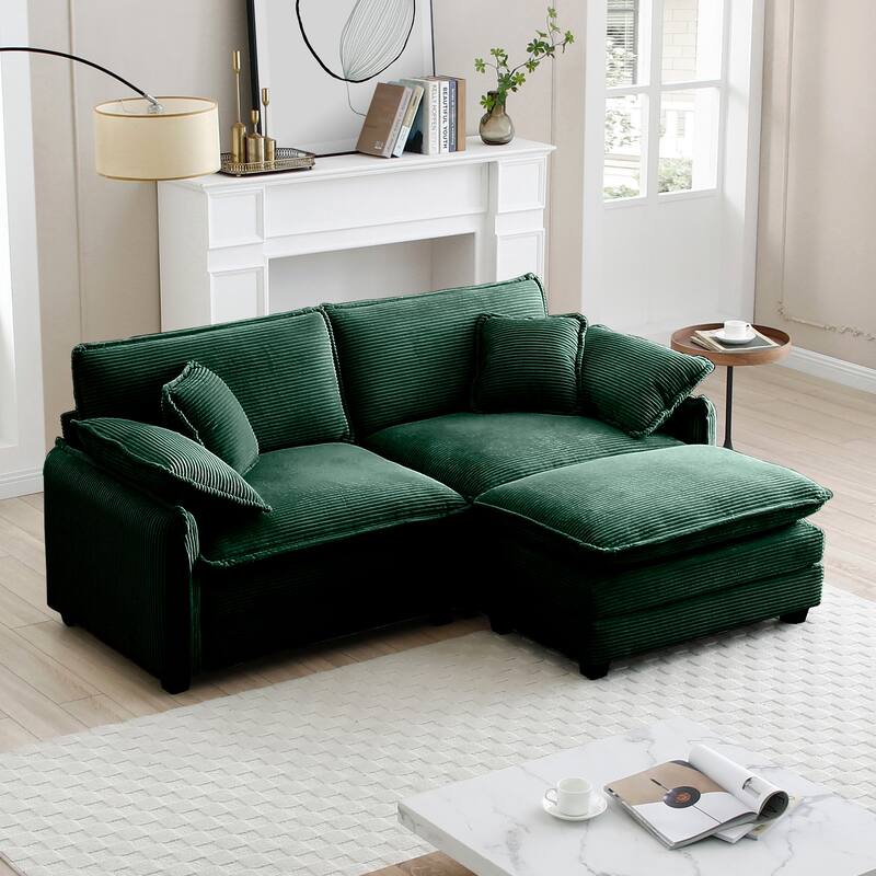 3-piece Corduroy Upholstered L-Shaped Modular Sectional Sofa with Removable Ottoman, 4 Pillows, and Free Combination - Green