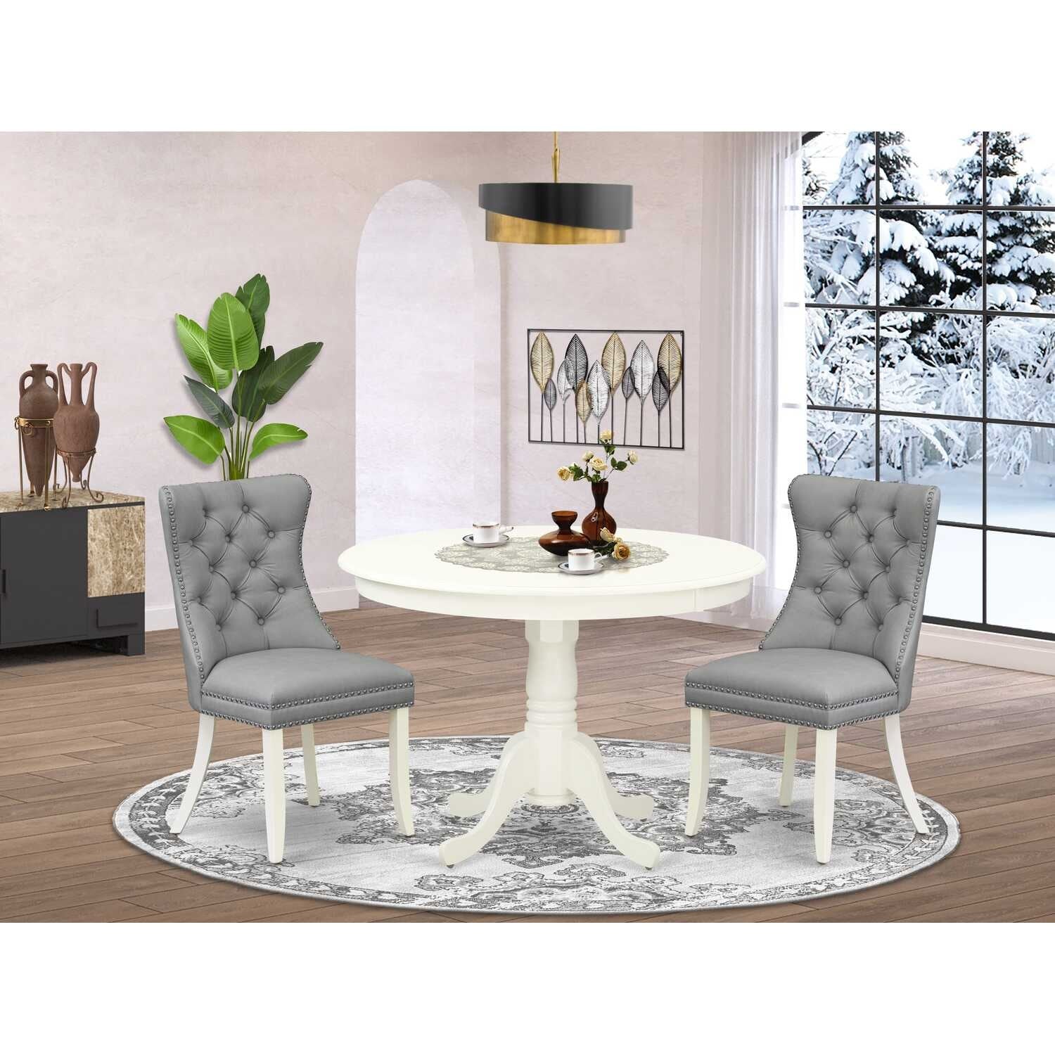 3-Piece Linen White Finish Solid Wood Top-Round Upholstered Dining Room Set-Seats 4