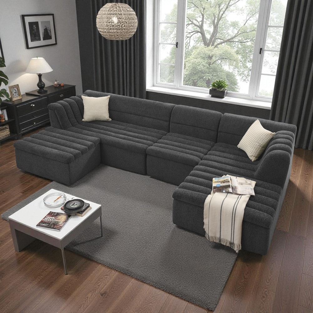 135" Chenille U-Shaped Modular Sectional Couch with Chaise, Movable Ottoman, Deep Seat Boneless Sofa for Living Room