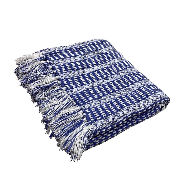 Sevita Ridgeline Striped Standard Size Throw Blanket with Fringe - Royal Blue/White