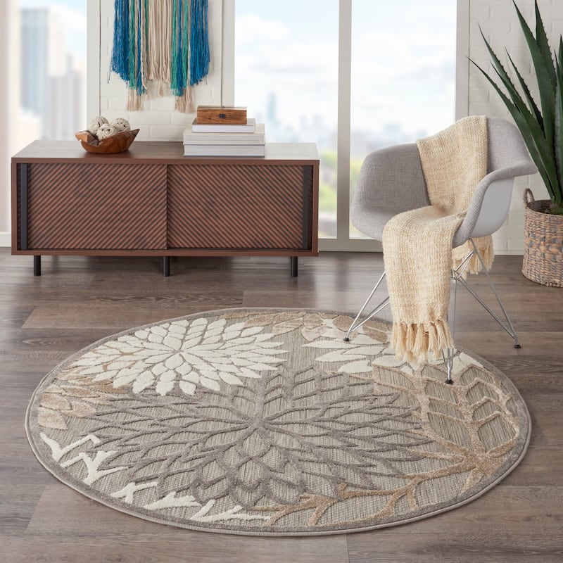 Nourison Aloha Floral Modern Indoor/Outdoor Area Rug - 5'3" Round - Cream/Grey