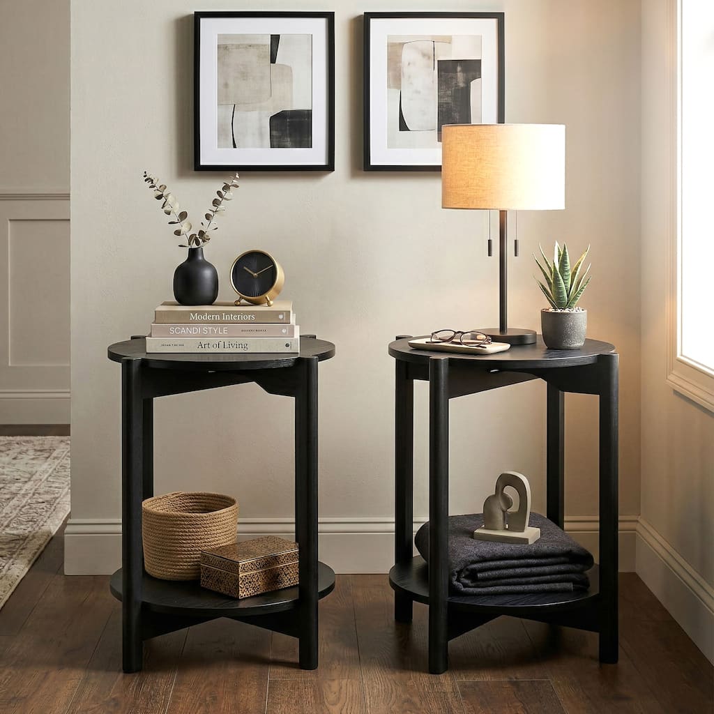 Furniture of America Rovion Round Wood End Table with Open Bottom Shelf (Set of 2)