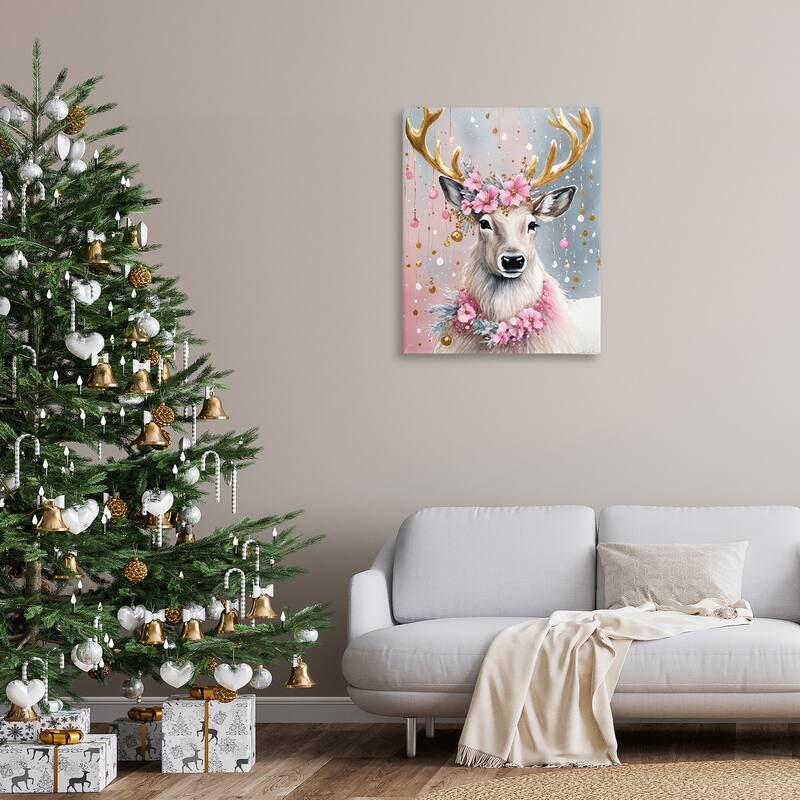 Stupell Pink Floral Festive Reindeer Canvas Wall Art Design By Tabz Jones