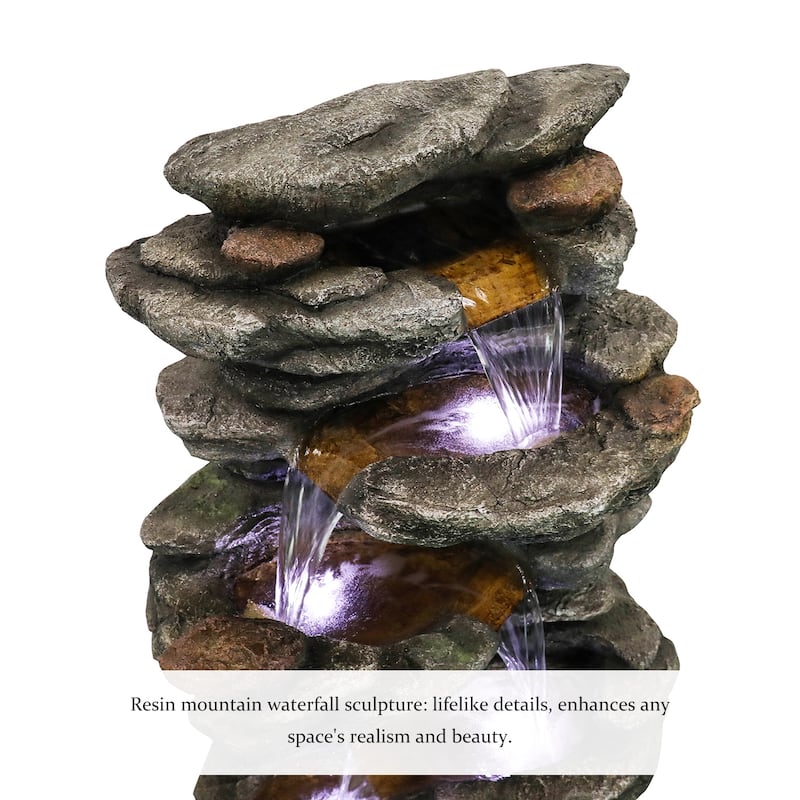 40" High 6-Tiers Cascading Rock Outdoor Water Fountain with LED Lights