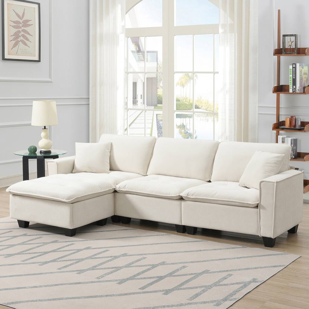 Beige 100" L-Shaped Convertible 4-Seat Sofa with Matching Pillows