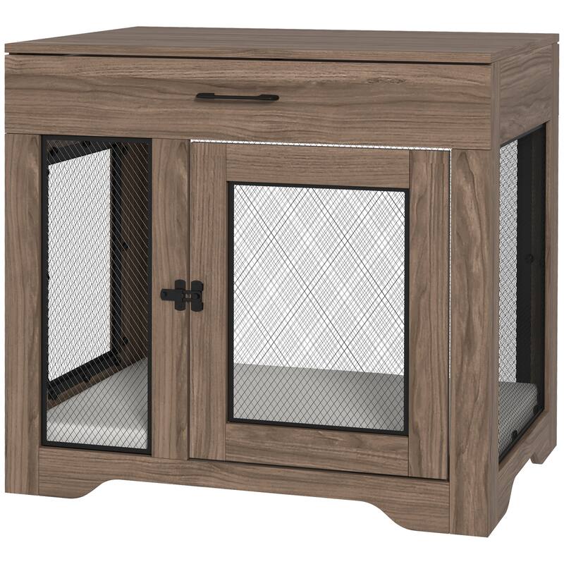 Dog Crate Furniture with Soft Water-Resistant Cushion, Dog Crate End Table with Drawer, Puppy Crate with 2 Doors