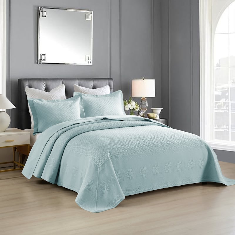 MarCielo 3 Piece Embroidered 100% Cotton Oversized Quilt Bedspread Set TM