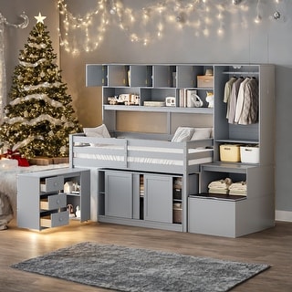 Modren Twin Size Wooden Loft Bed With Big Storage and Under-bed Desk and Drawers and Shelves for Bedroom
