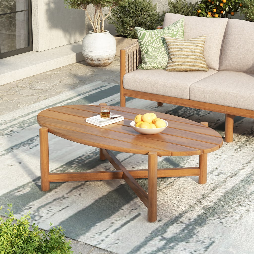 Christopher Knight Home - Mid-Century Outdoor Coffee Table,14.96" H Oval Acacia Wood with Slatted Tabletop & Cross Support Base