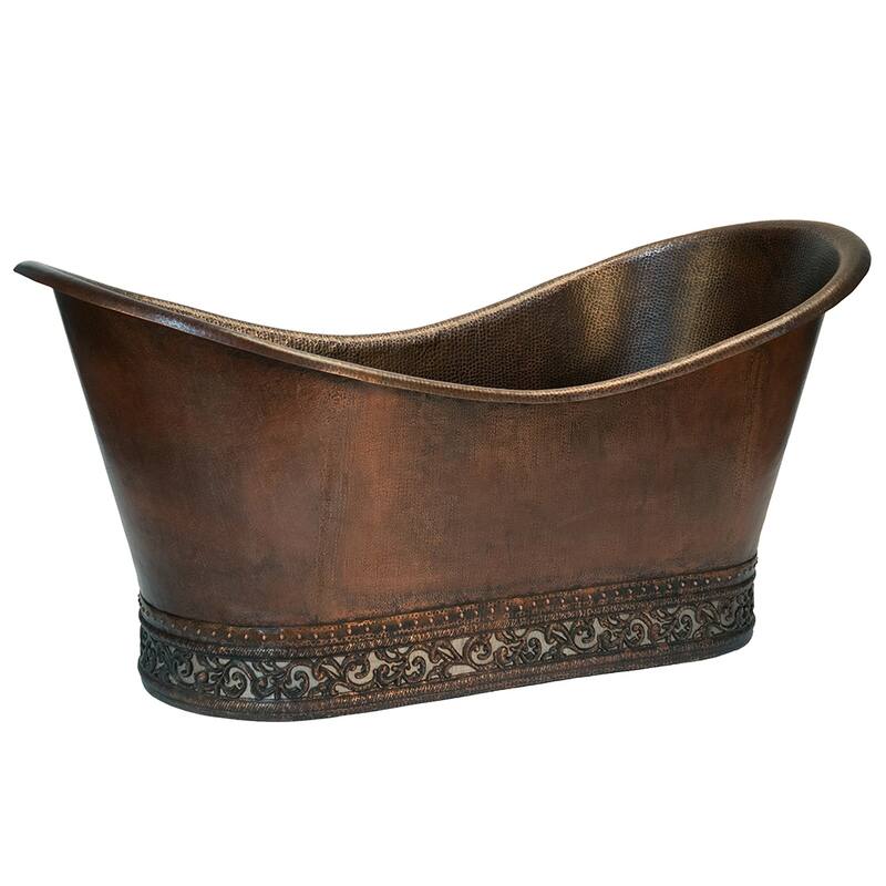 67" Hammered Copper Double Slipper Bathtub with Scroll Base and Nickel Inlay and Drain Package