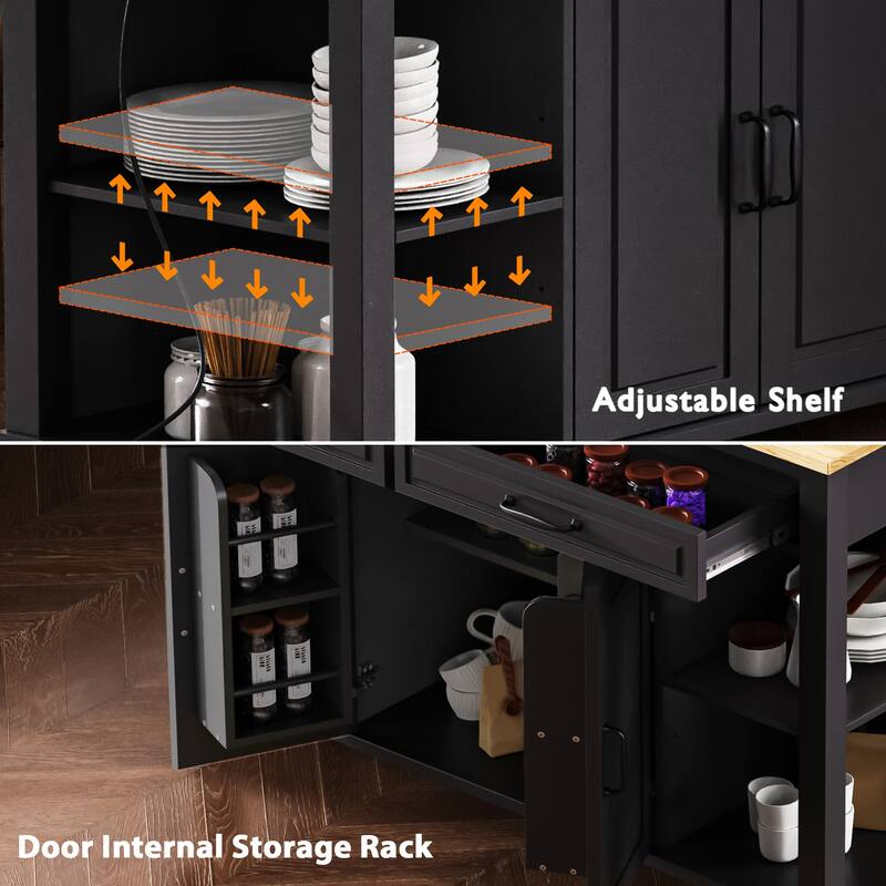 47" Kitchen Island with Extendable Dining Table, Internal Storage Rack, Power Outlet, 2 Drawers & 2 Cabinet