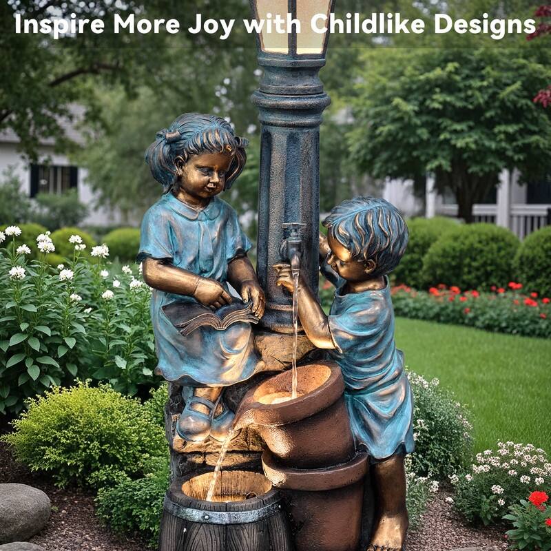 Storybook Outdoor Water Fountain with Boy and Girl Sculpture, Warm LED Lamp Post and Soothing Water Flow